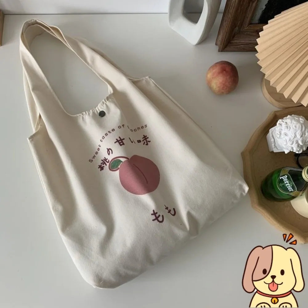 Sacola de morango bonito para meninas da escola, bolsas estéticas, bolsa Shopper Designer, mulheres Peach Print, bolsas de ombro Eco