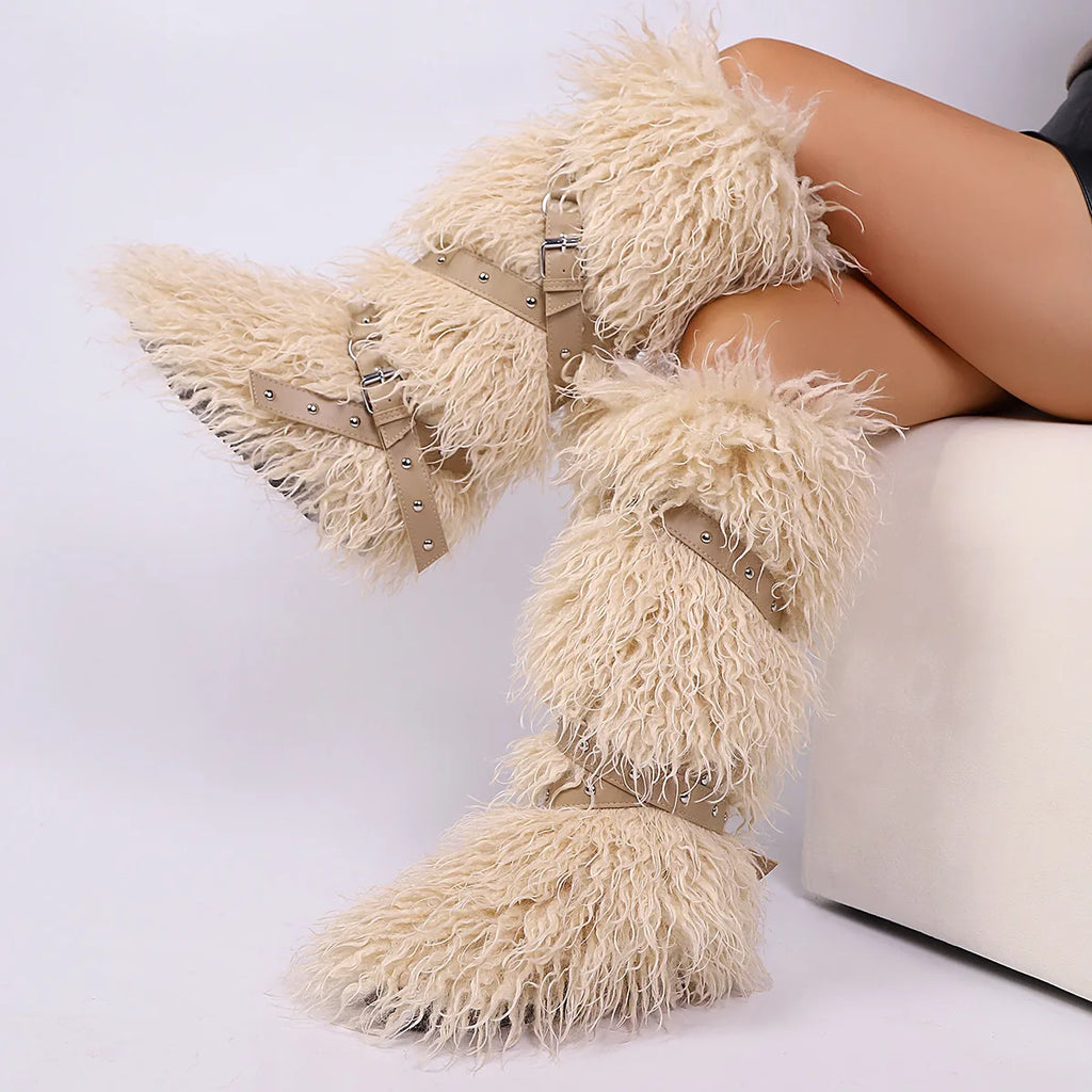 Botas femininas felpudas até o joelho |   Calçado de inverno com detalhes multi-fivela, texturas de leopardo e shearling