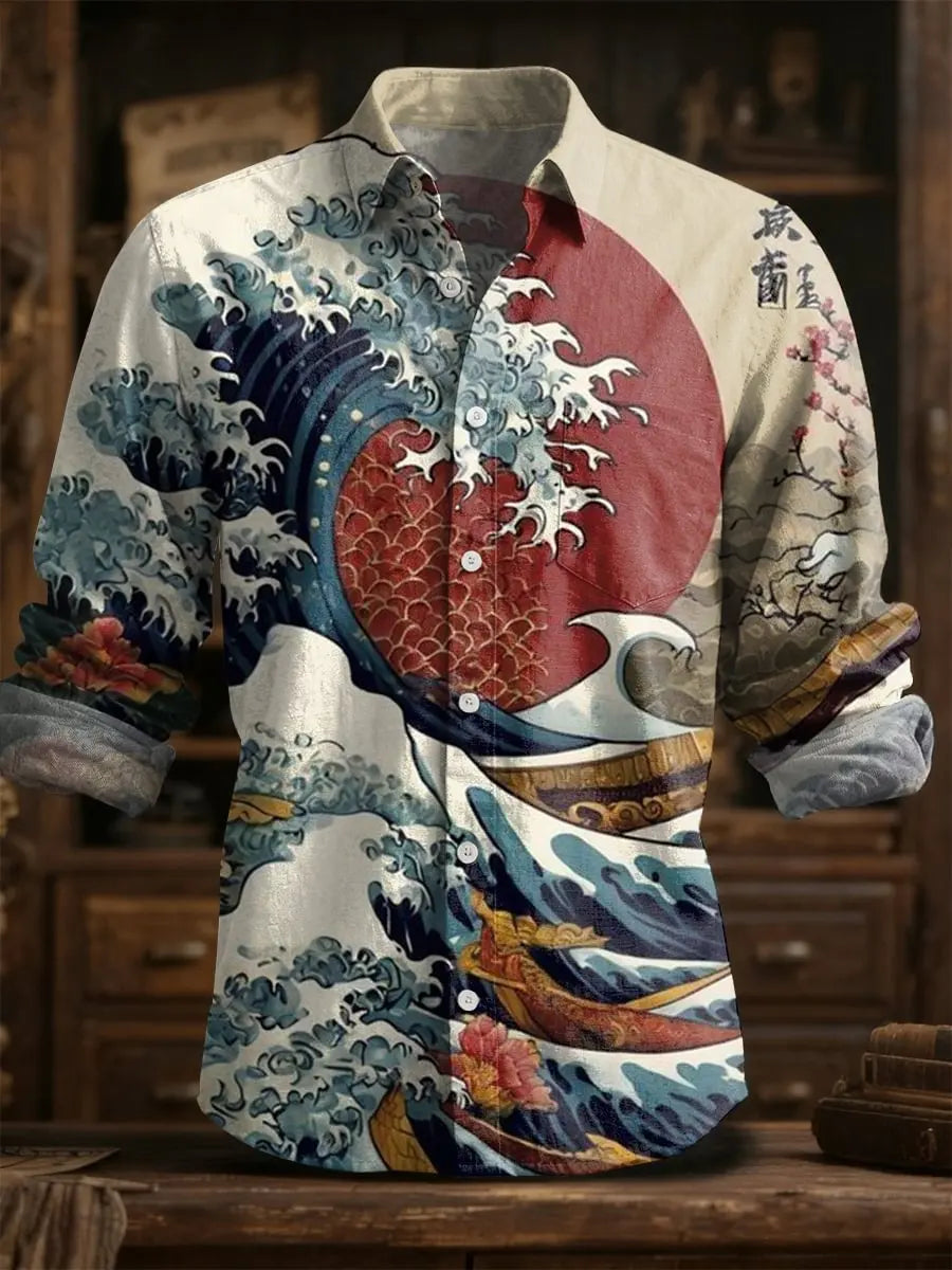 2025 primavera/verão moda masculina linho manga longa camisa de linho, impressão elegante, design de flor requintado