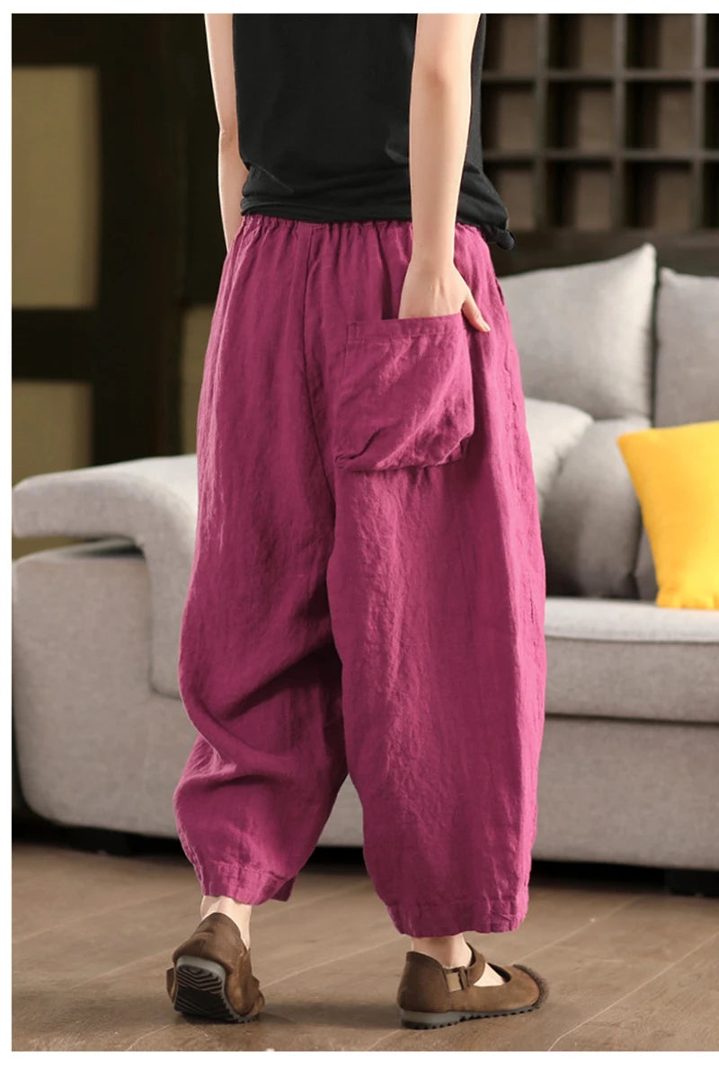 Calças compridas femininas de linho puro natural, estilo solto e retrô, calças largas, roupas de tamanho grande, casuais ao ar livre, confortáveis e legais