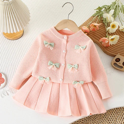 2025 novo outono 0-5yrs bebê meninas conjunto de roupas manga comprida malha cardigan casaco + saia curta crianças roupas de malha terno