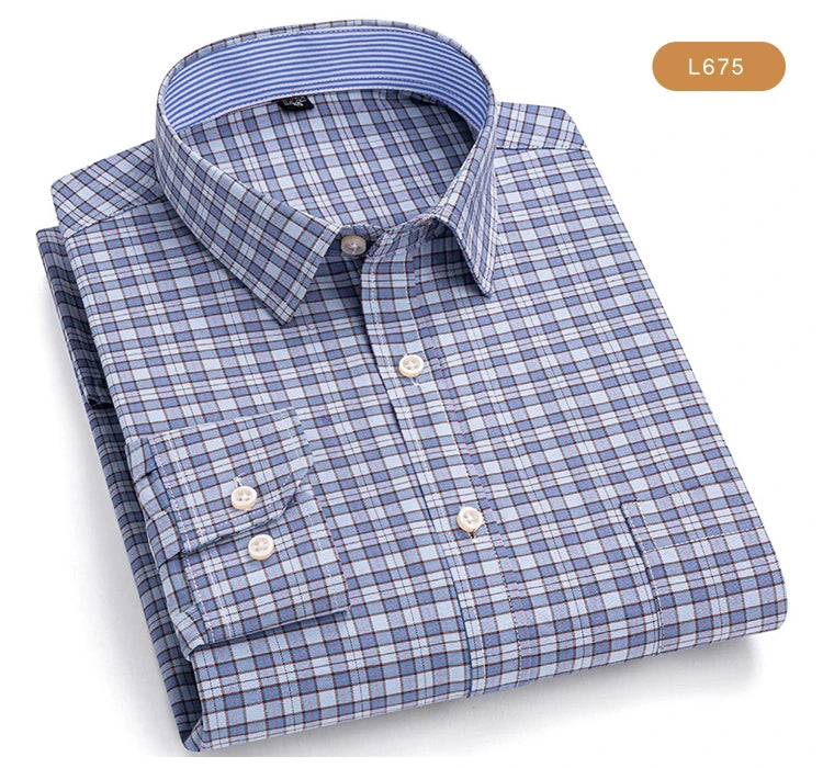 Camisas de vestido de algodão com design de gola de lapela listrada xadrez na moda masculina, camisa casual de manga comprida com botões para primavera/outono