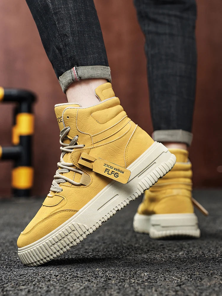 Sapatos masculinos de cano alto de inverno, sapatos esportivos casuais de couro, roupas de trabalho retrô, sapatos esportivos casuais versáteis e modernos