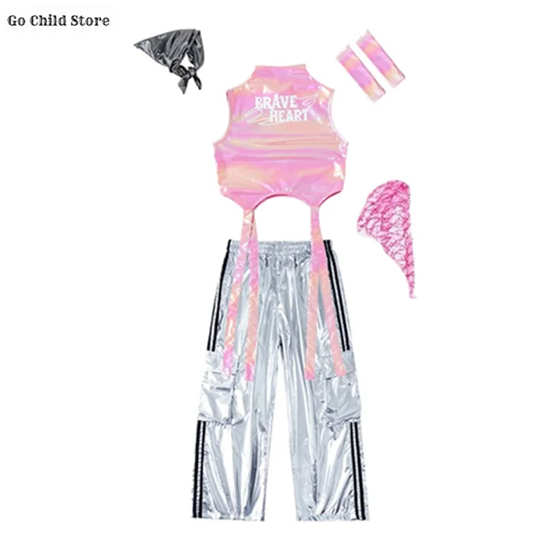 Meninas k-pop brilhante colheita superior calças de carga shorts de dança de rua crianças hip hop jazz conjuntos de roupas crianças streetwear menina grupo traje