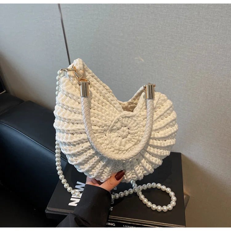 Criativo concha em forma de crochê feminino ombro sacos engraçado bonito pérolas correntes artesanal tecer crossbody saco novidade pequenas bolsas