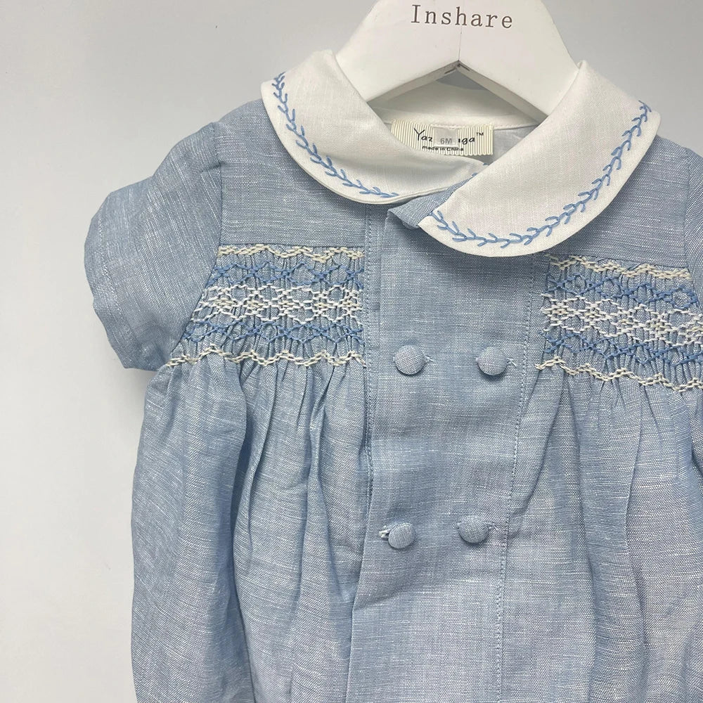 Roupa de boutique infantil, artesanal para menino, conjunto bordado, algodão azul, manga curta, roupa de irmãos, batizado, aniversário
