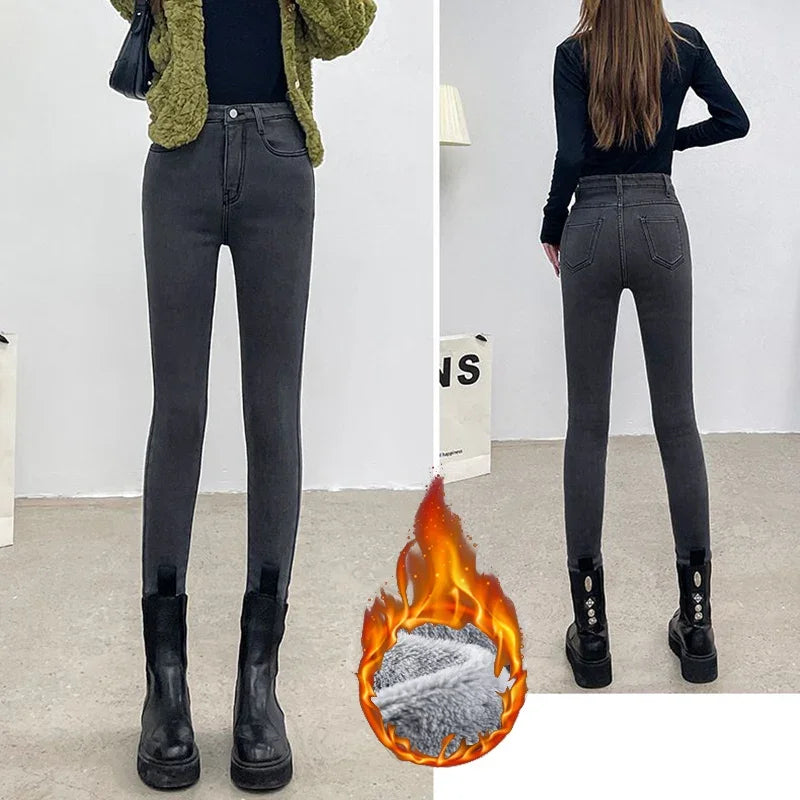 Inverno senhora térmica quente jeans de pelúcia magro estiramento jeans senhora fino ajuste lápis calças meninas perna reta denim