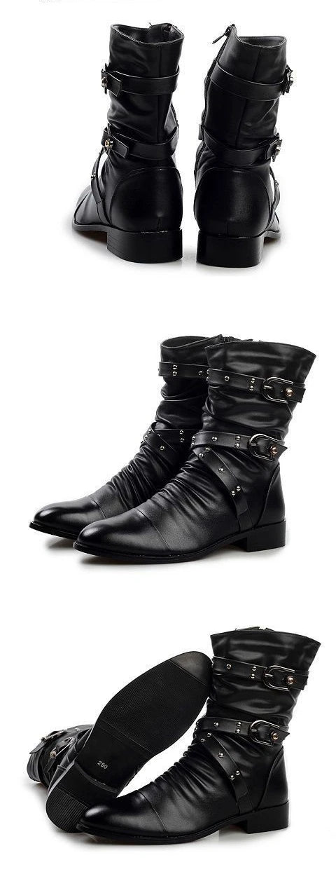 Inverno apontou toe botas de cano médio masculino fivela cinta chelsea bota para homens de couro botas de motocicleta alta superior homem sapato de inverno