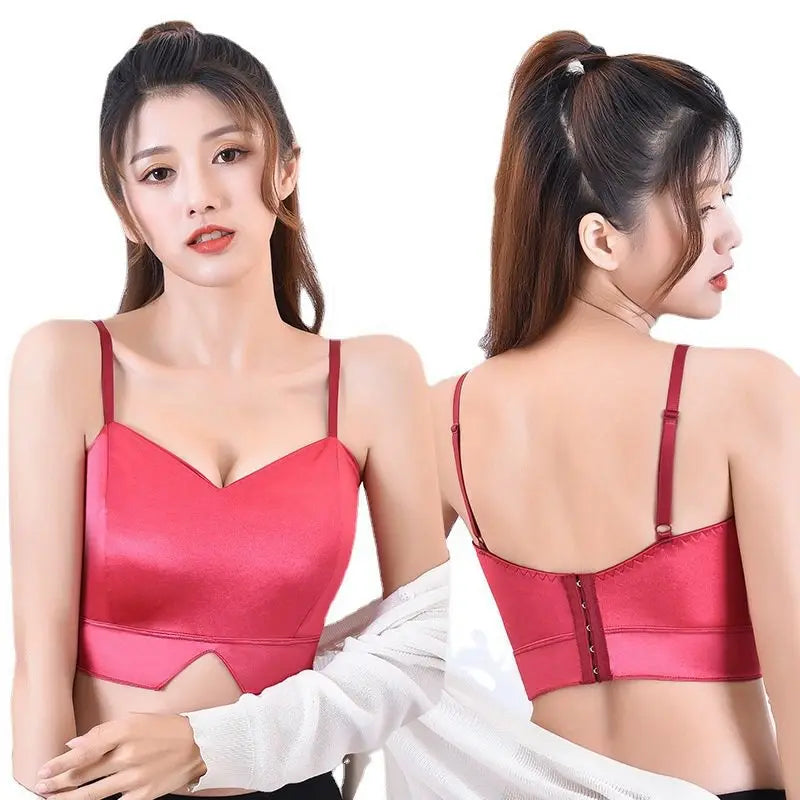 Sexy tops de cetim para mulheres, bralette sem fio, top de crochê, alça de espaguete feminina, camiseta cortada com peito, camisola acolchoada