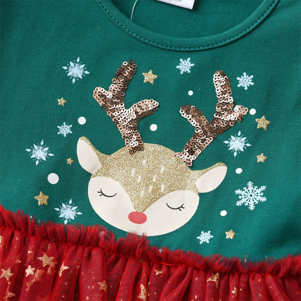 DXTON-Girls' Sequin Elk Dress, Roupa de Criança, Princess Party Dress, Manga Voadora, Inverno, Natal, Ano Novo, Bebé, 2022