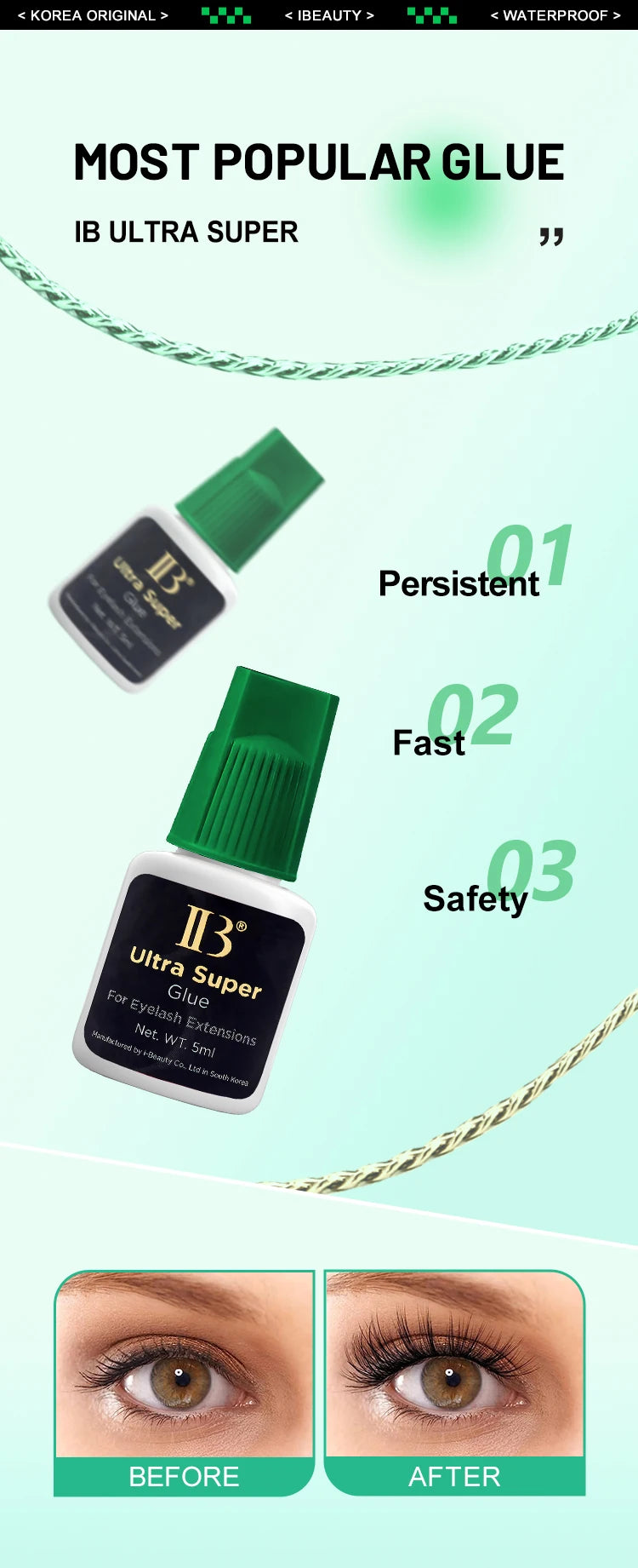 5 garrafas originais ibeauty ib ultra super cola para extensões de cílios 5ml coreia tampa verde lash cola ferramentas de maquiagem atacado