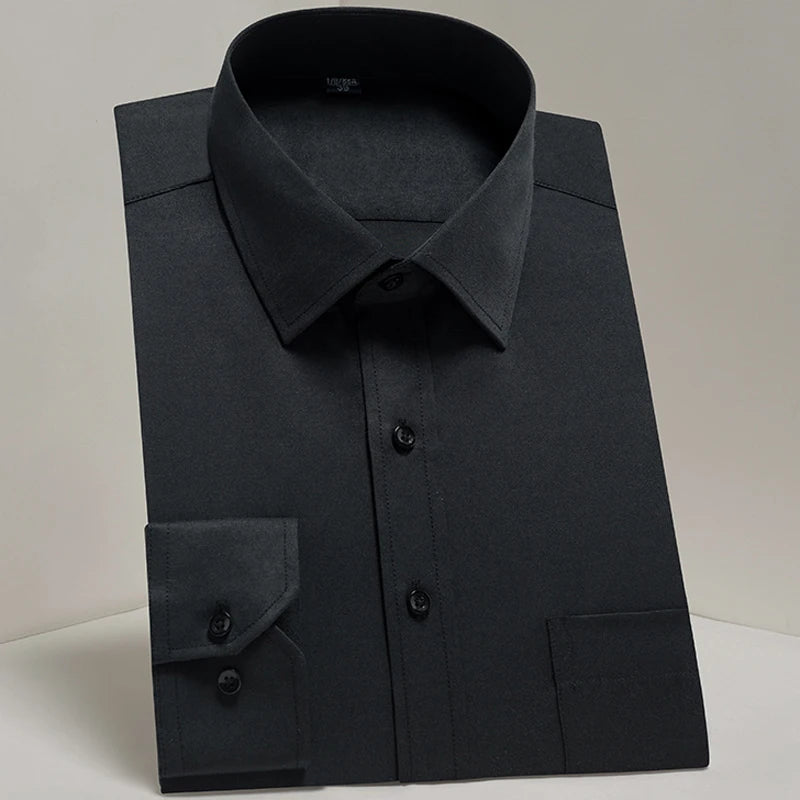 Camisas sociais masculinas clássicas de manga comprida, ajuste padrão, formal, negócios, social, simples, design básico, branco, trabalho, escritório, camisa casual