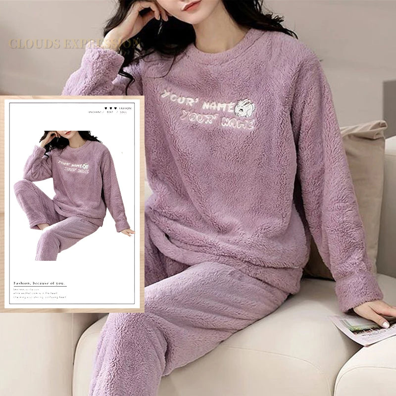 Outono inverno flanela conjuntos de pijamas femininos moda xadrez impresso teddy pijamas veludo homewear kawaii meninas pijamas mujer pijama