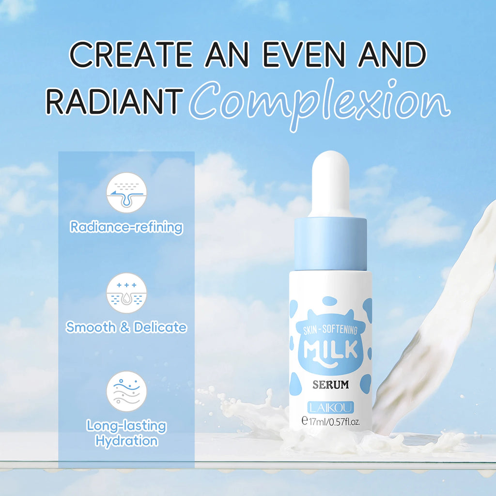 LAIKOU Conjunto de cuidados com a pele com leite Soro suavizante Creme hidratante Limpador suave Kit de viagem de hidratação iluminadora