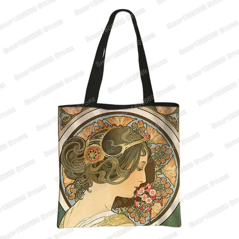 Alphonse Beauty Print Bolsa para Mulheres, Sacos De Compras De Armazenamento Reutilizável, Totes Casuais, Pintura A Óleo, Elegante Senhoras Tote