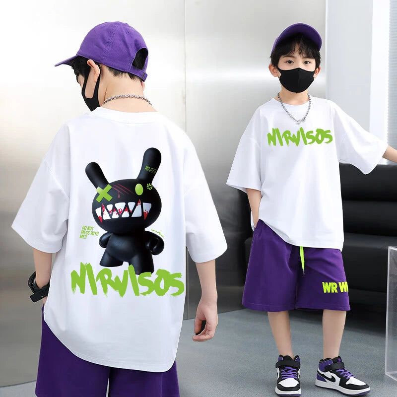 Graffiti impressão camiseta de manga curta infantil, 100% algodão, verão streetwear, meninas tees, crianças tops, roupas de crianças, alta qualidade