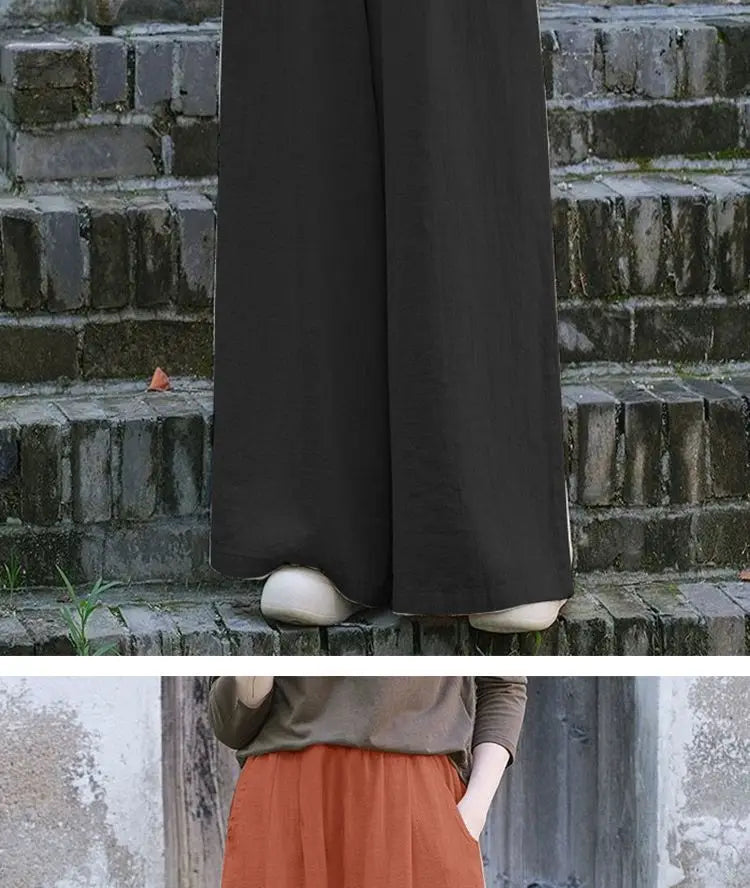 Calças de linho largas femininas casuais boêmias soltas e fluidas calças palazzo verão primavera