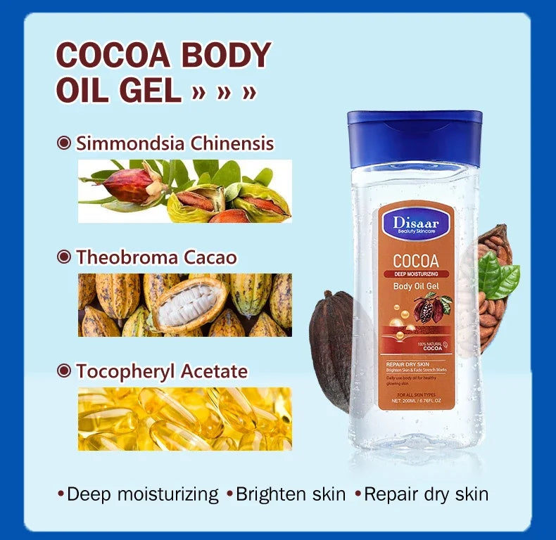 Disaar-Óleo Corporal Extrato de Aloe Vera, Pele Suave, Anti-Rugas, Vitamina C, Óleo Essencial, Hidratante, Pele com Feijão Cacau, 200ml