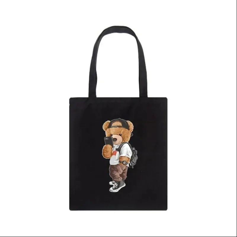 Moda urso impressão eco mulheres sacos de ombro bolsa feminina lona saco de compras casual grandes senhoras viagem totes sacos