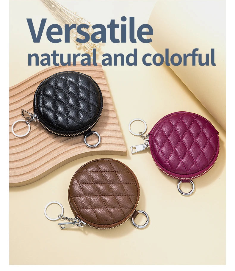 Mini porta-moedas de couro real para mulheres, carteira de costura de diamante mini organizador, bolsa de dinheiro pequena para chaves e fone de ouvido