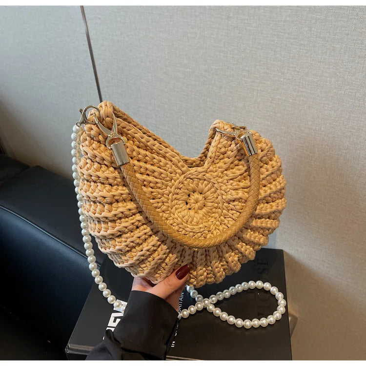 Criativo concha em forma de crochê feminino ombro sacos engraçado bonito pérolas correntes artesanal tecer crossbody saco novidade pequenas bolsas