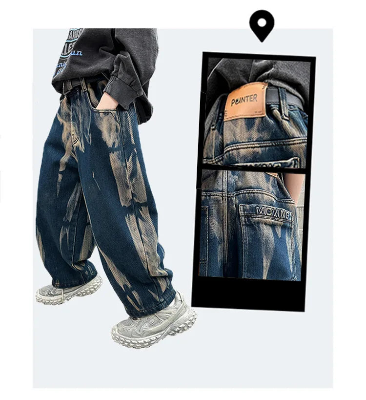 Crianças graffiti jeans meninos primavera e outono 2025 novas crianças adolescentes bonito meninos perna reta solta calças de perna larga