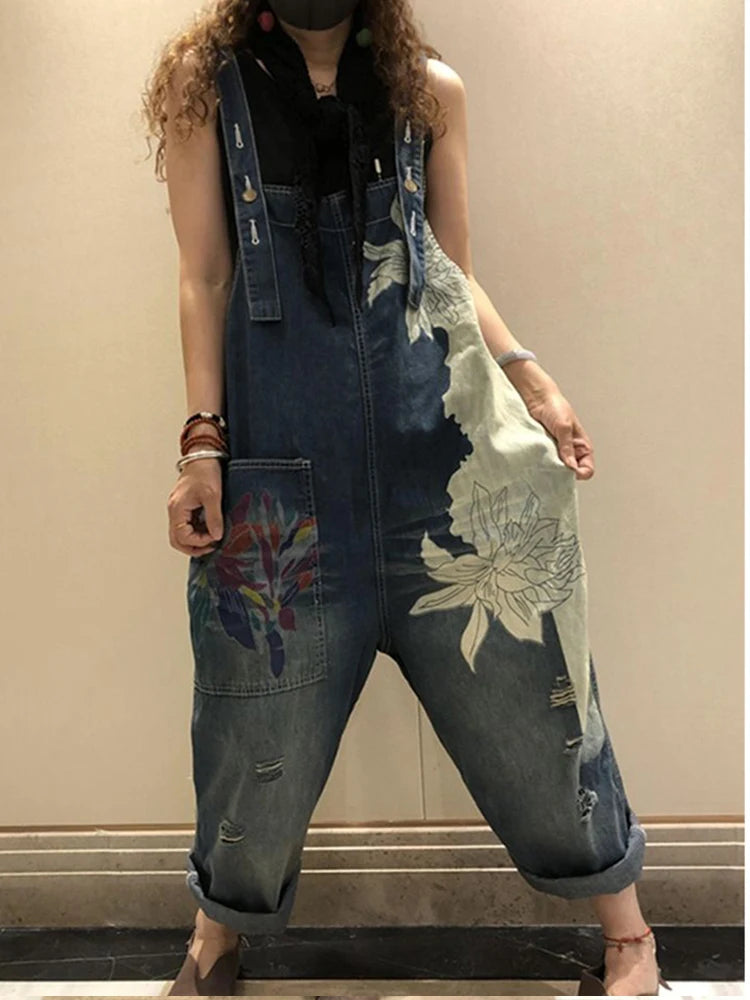 Amax lulue 2025 moda coreana primavera feminino impresso denim macacão senhoras vintage casual jeans feminino calças soltas calças largas