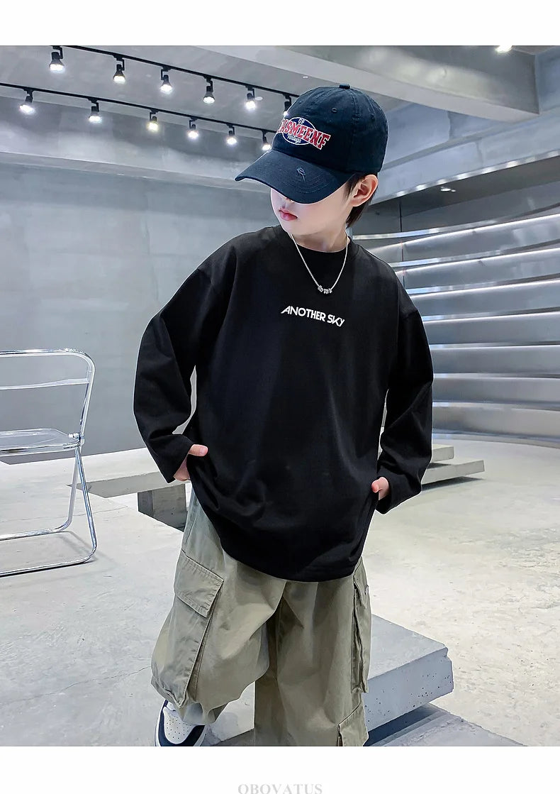 Nova primavera crianças manga longa camiseta de algodão para meninos solto estilo breve tshirt adolescentes crianças escola camisetas roupas de moda do bebê