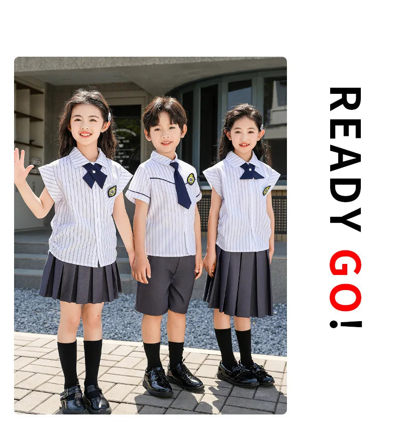Meninas coreano japonês preppy listrado blusa saias meninos camisas shorts crianças conjuntos de roupas verão estudantes uniformes escolares