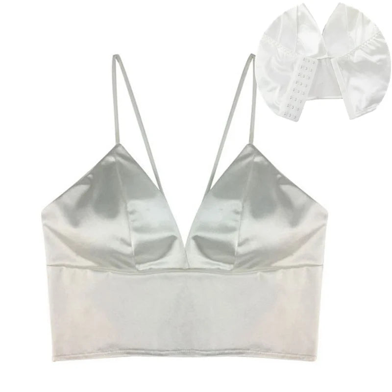 Sexy tops de cetim para mulheres, bralette sem fio, top de crochê, alça de espaguete feminina, camiseta cortada com peito, camisola acolchoada