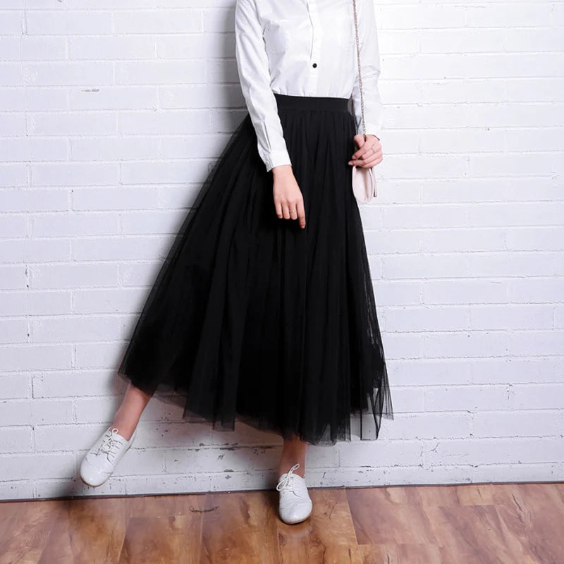 Maxi Longa Saia de Tule Mulheres 2024 Outono Inverno Elástico Cintura Alta Vestido de Bola Saia Feminino Adulto Tutu Saia Jupe Longue