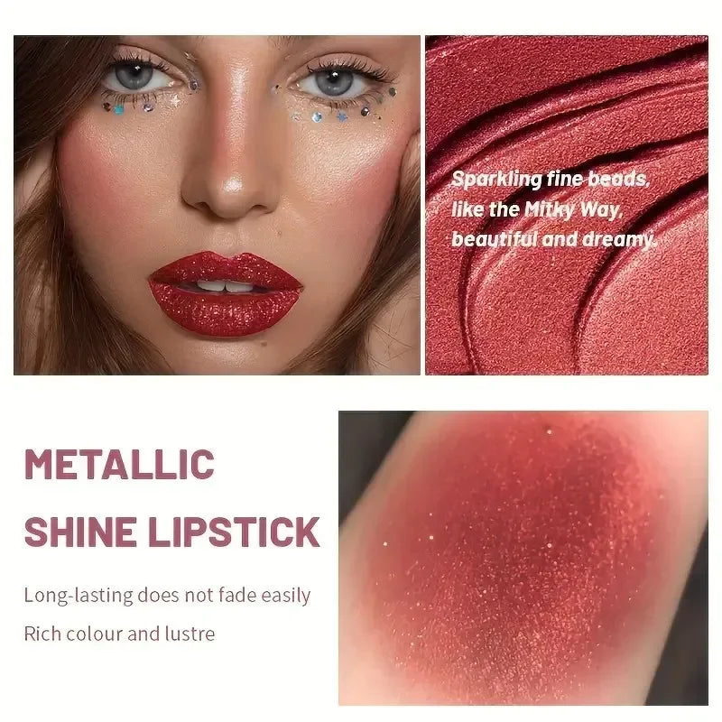 Batom perolado brilhante, maquiagem labial hidratante à prova d'água de longa duração, cor labial brilhante sexy e sem desbotamento
