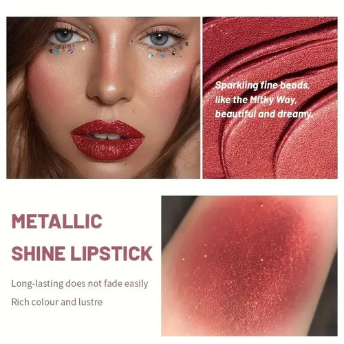 Batom perolado brilhante, maquiagem labial hidratante à prova d'água de longa duração, cor labial brilhante sexy e sem desbotamento