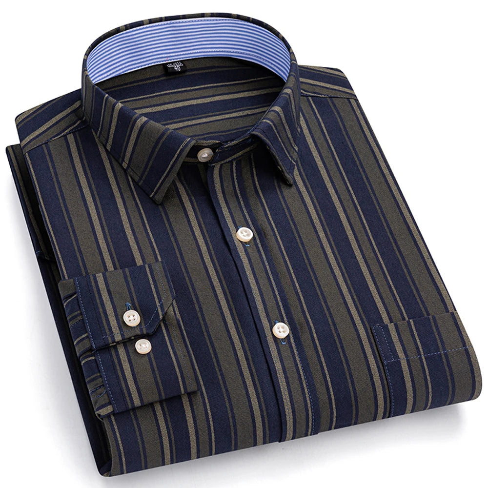 Camisas de vestido de algodão com design de gola de lapela listrada xadrez na moda masculina, camisa casual de manga comprida com botões para primavera/outono