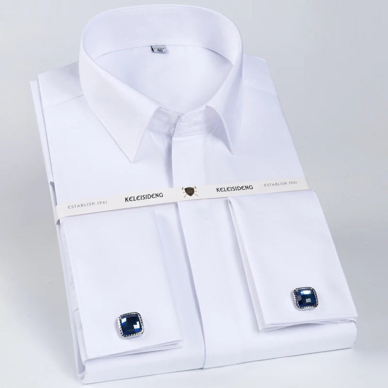 Camisa masculina clássica com punho francês, botão oculto, manga comprida, formal, ajuste padrão, camisas brancas (abotoaduras incluídas)
