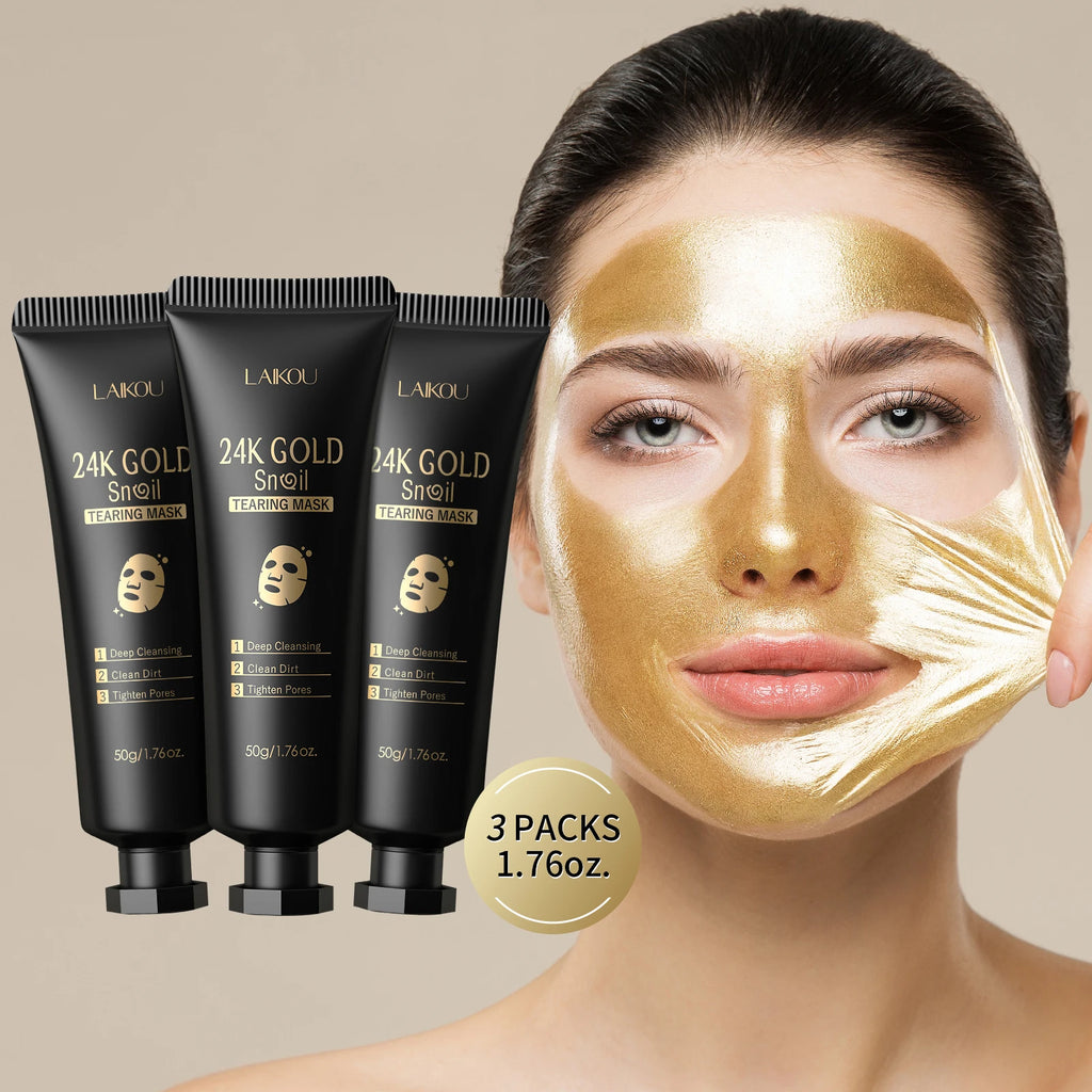 Laikou 24k ouro caracol peel-off máscara 3 pçs limpeza profunda poros aperto remoção de cravo desintoxicante tratamento facial 50g
