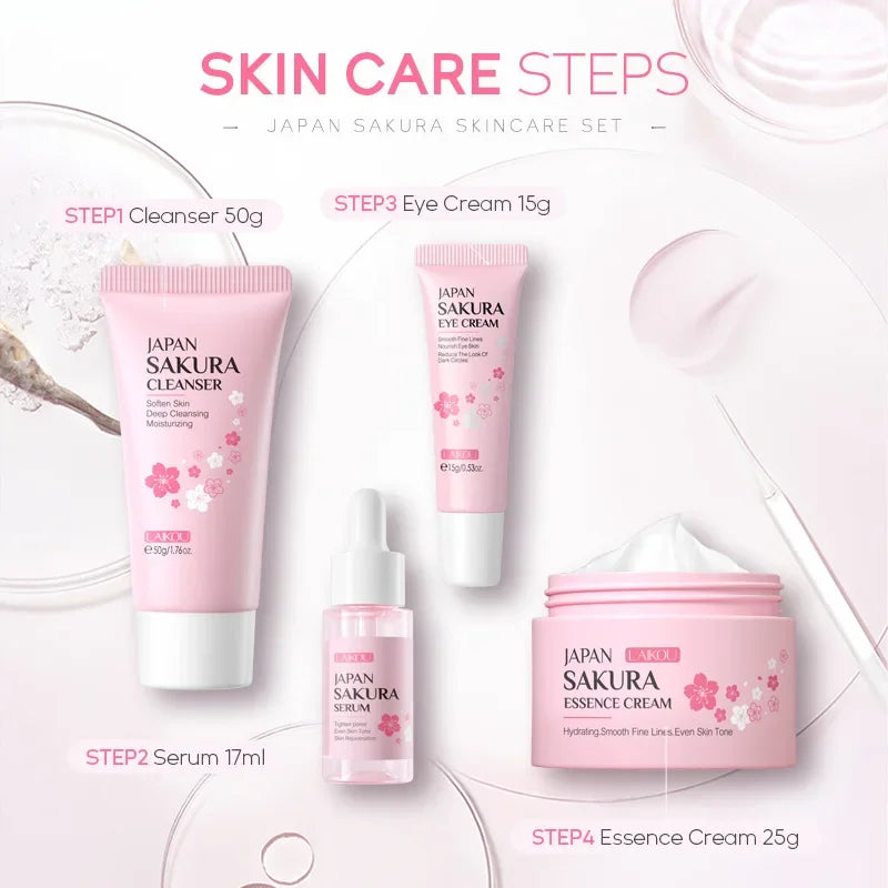 Conjuntos de cuidados com a pele Laikou Sakura com limpador, sérum, creme para os olhos, creme essencial, produtos de beleza para mulheres, presente de Natal.
