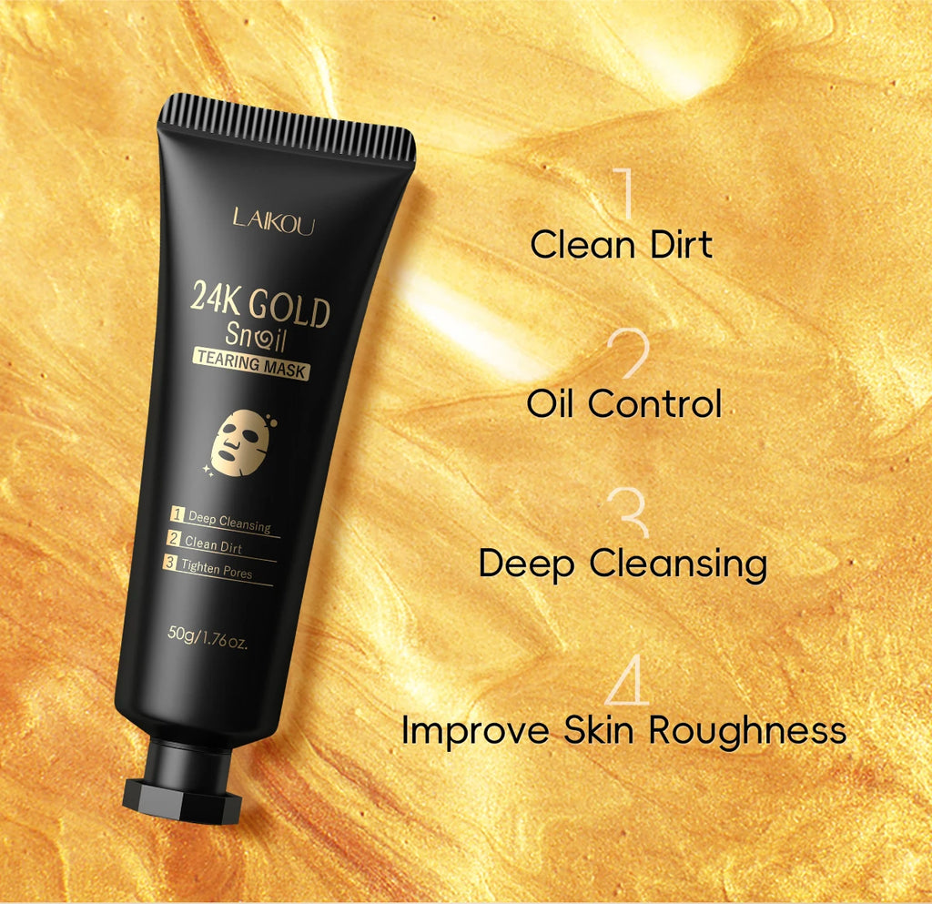 Laikou 24k ouro caracol peel-off máscara 3 pçs limpeza profunda poros aperto remoção de cravo desintoxicante tratamento facial 50g