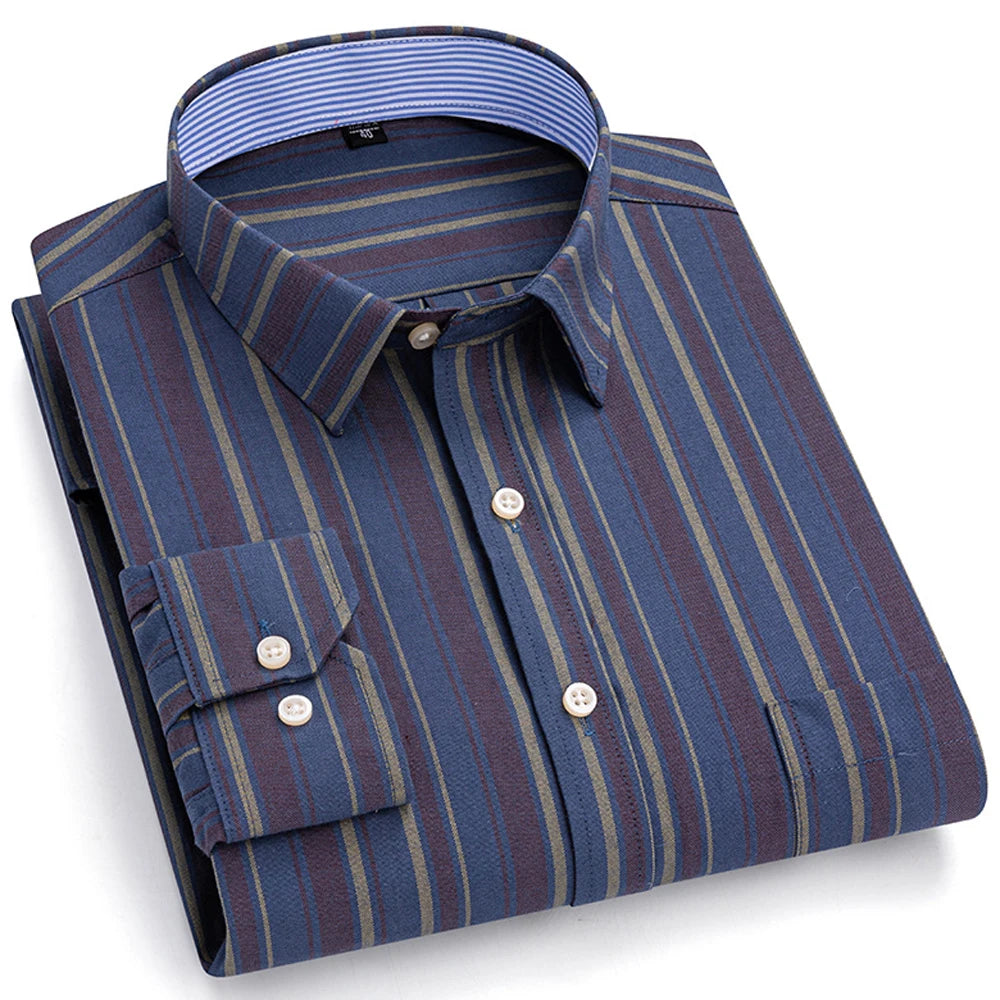Camisas de vestido de algodão com design de gola de lapela listrada xadrez na moda masculina, camisa casual de manga comprida com botões para primavera/outono