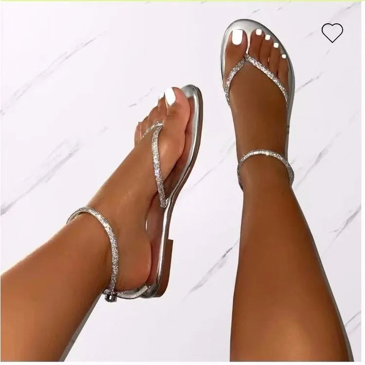 Verão das Mulheres Novas Grande Fixação Toe Rhinestone Colorido Fundo Plano Fivela Cinta Moda Outwear Sandálias de Praia/Chinelos