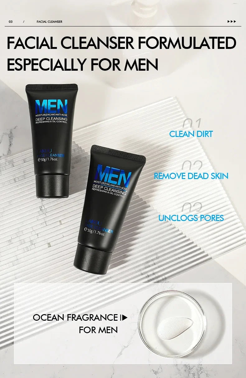 LAIKOU Limpador Facial Masculino 50g Limpeza Profunda Controle de Oleosidade Anti Acne Refrescante Hidratante Para Cuidados com a Pele Masculina