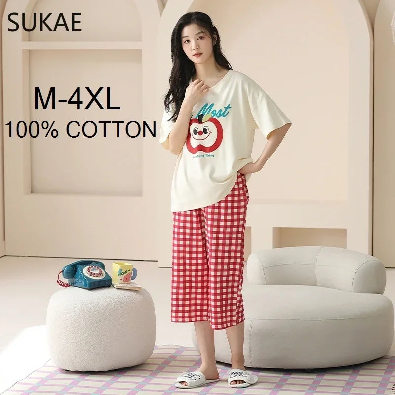 SUKAE-Conjunto de Pijamas dos desenhos animados das mulheres, 100% algodão, calça curta na altura do joelho, pijamas, capris loungewear, pijamas de verão, M-4XL