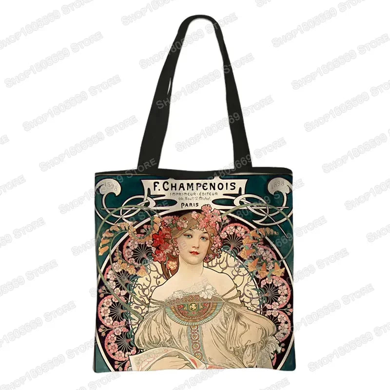 Alphonse Beauty Print Bolsa para Mulheres, Sacos De Compras De Armazenamento Reutilizável, Totes Casuais, Pintura A Óleo, Elegante Senhoras Tote