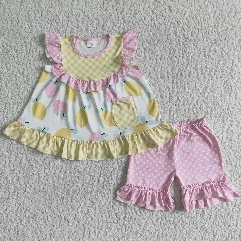 Bebê meninas boutique verão frutas roupas melancia vermelho camisa rosa dot plissado shorts atacado crianças roupas conjunto criança roupa