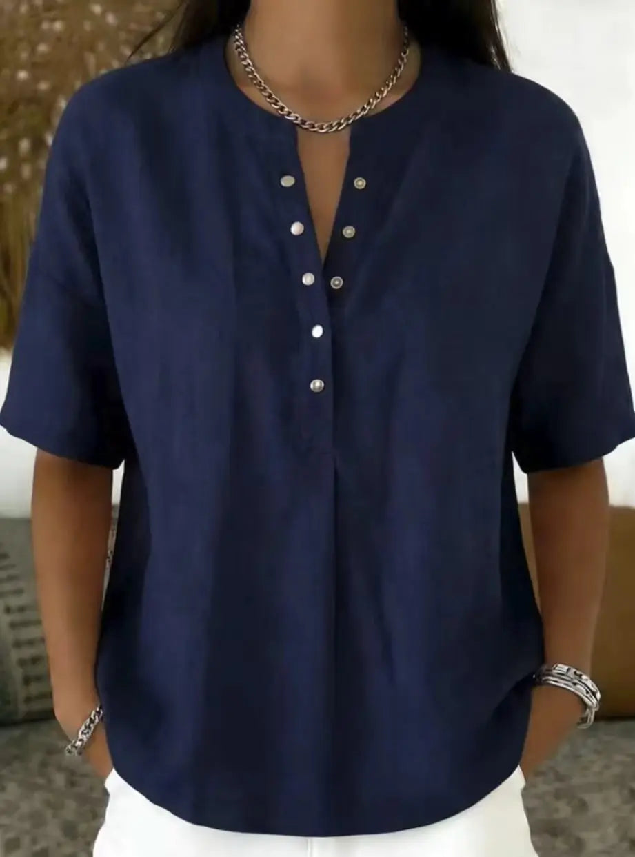 Blusa Feminina de Linho com Gola Henley, Manga Curta, Casual, Solta, Cor Sólida, Top de Verão