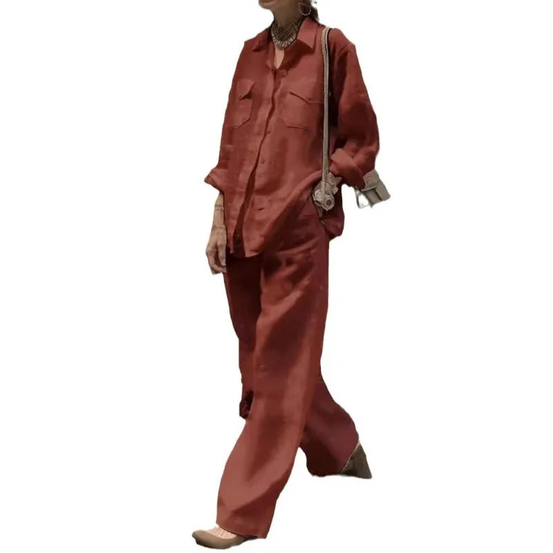 Conjunto Feminino de Linho com 2 Peças: Camisa de Manga Longa com Botões e Calças de Perna Larga