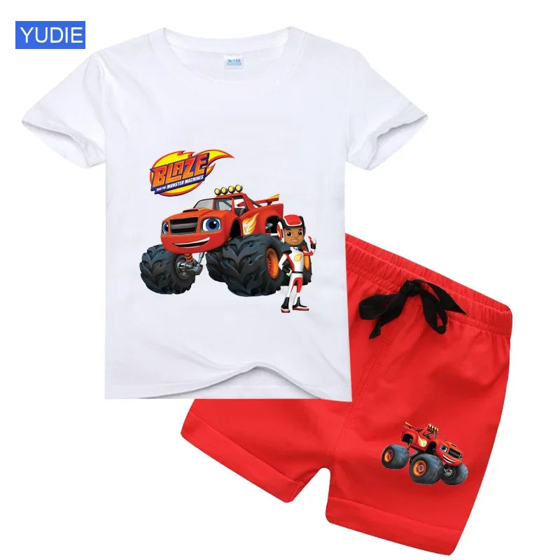 Conjunto de t-shirts e shorts para bebês e meninas, roupas de desenhos animados, velocidade incrível, carros, máquinas monstro, crianças, terno 2pcs, verão