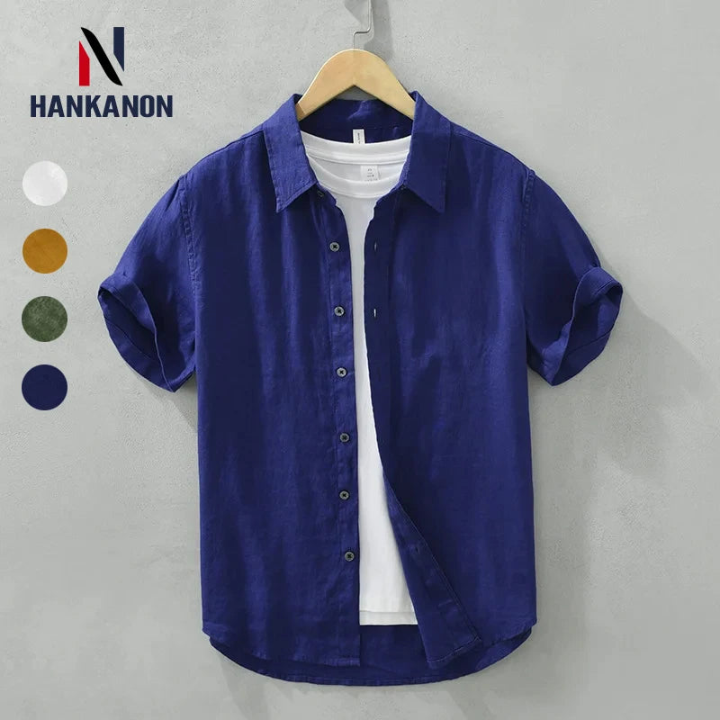 Camisa de linho de manga curta masculina, camisa respirável solta, camisa casual artística, monocromática, verão