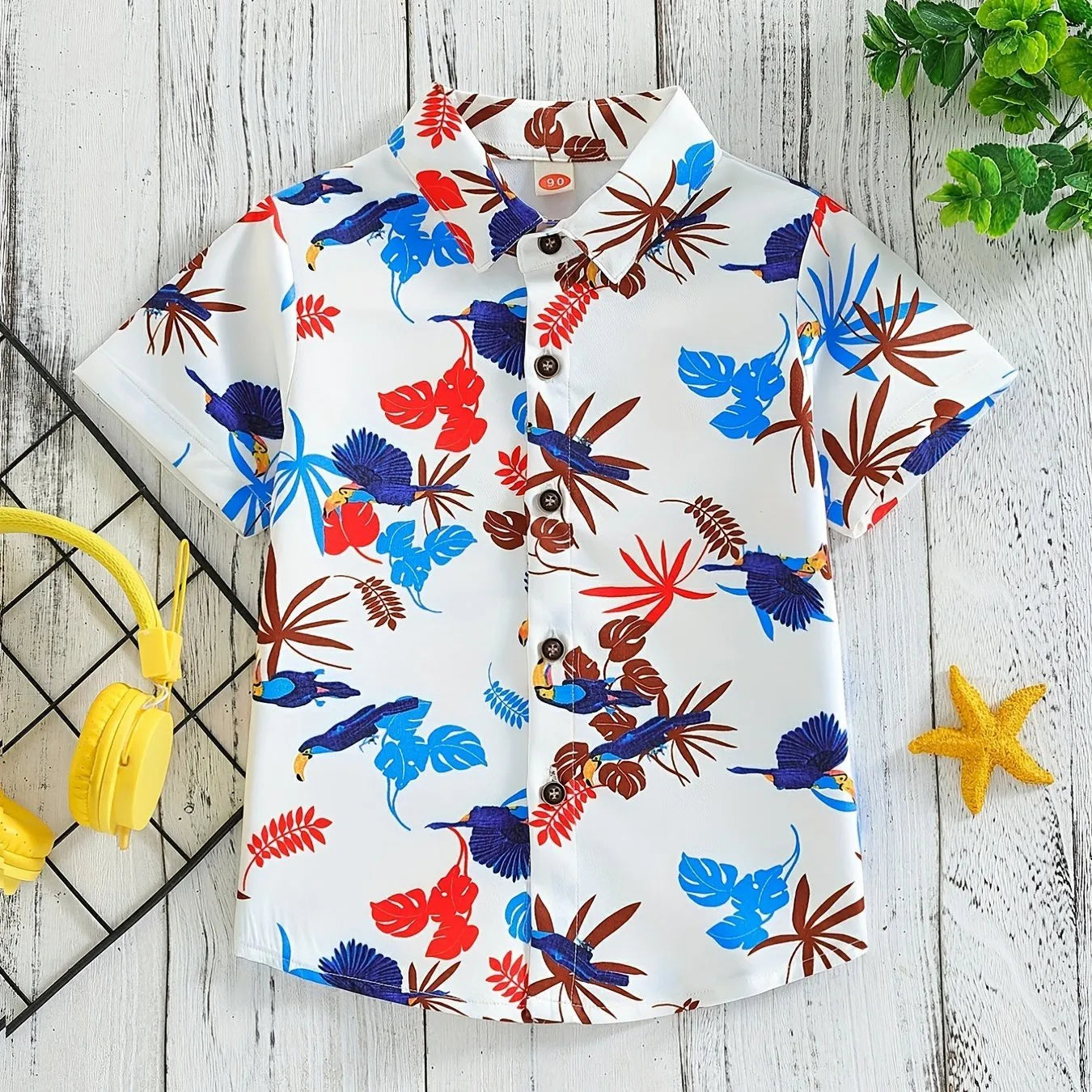 Top respirável casual floral e foliar infantil, blusa de meninos, perfeita para praia, férias, elegante, verão