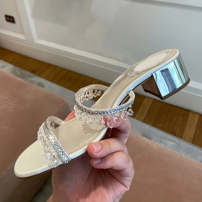 Sandálias de strass para mulheres, salto de bloco, cristal, Open Toe, salto médio, novo, verão, 2024
